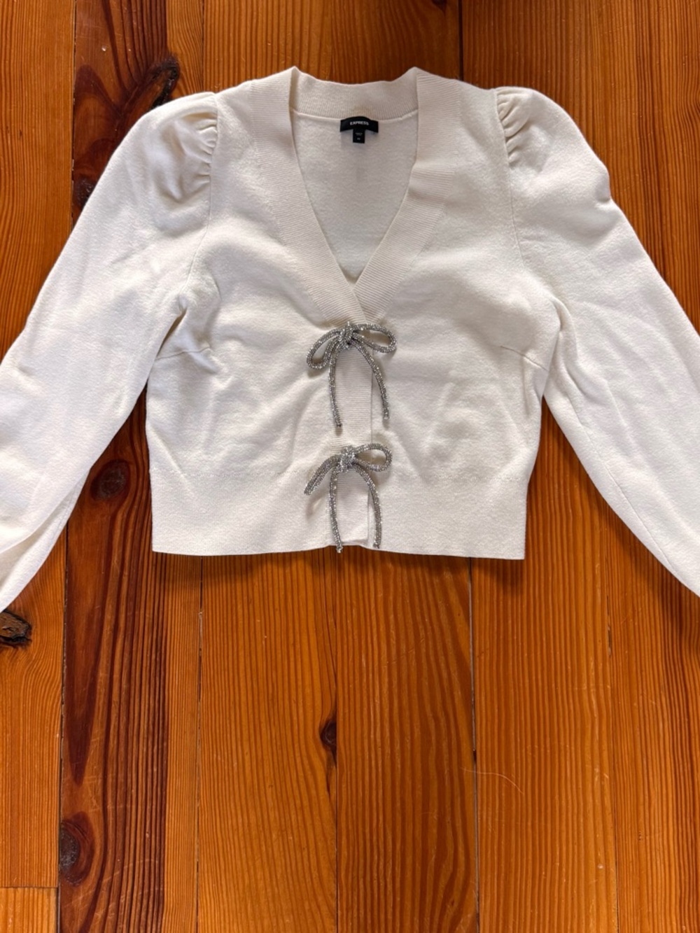 Express White V-Neck Puff Sleeve Tie-Front Sweater
